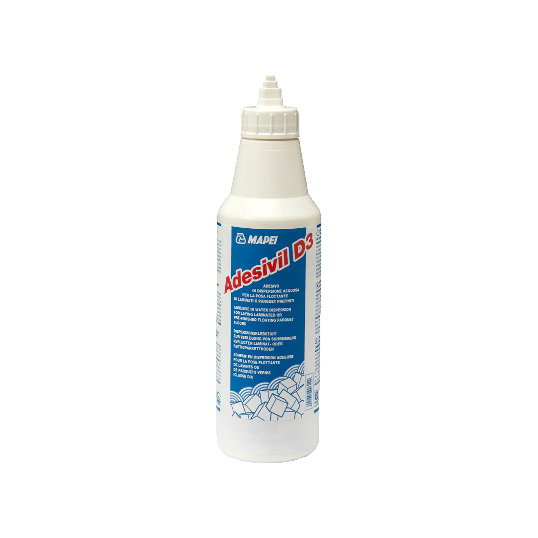 Bottle of Mapei Adesivil D3 adhesive on a white background