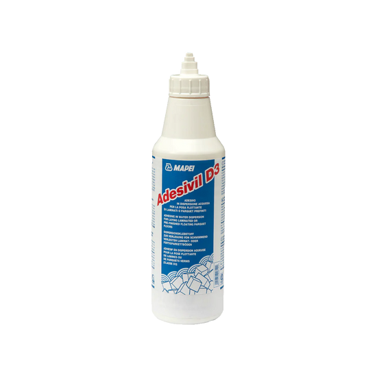 Bottle of Mapei Adesivil D3 adhesive on a white background