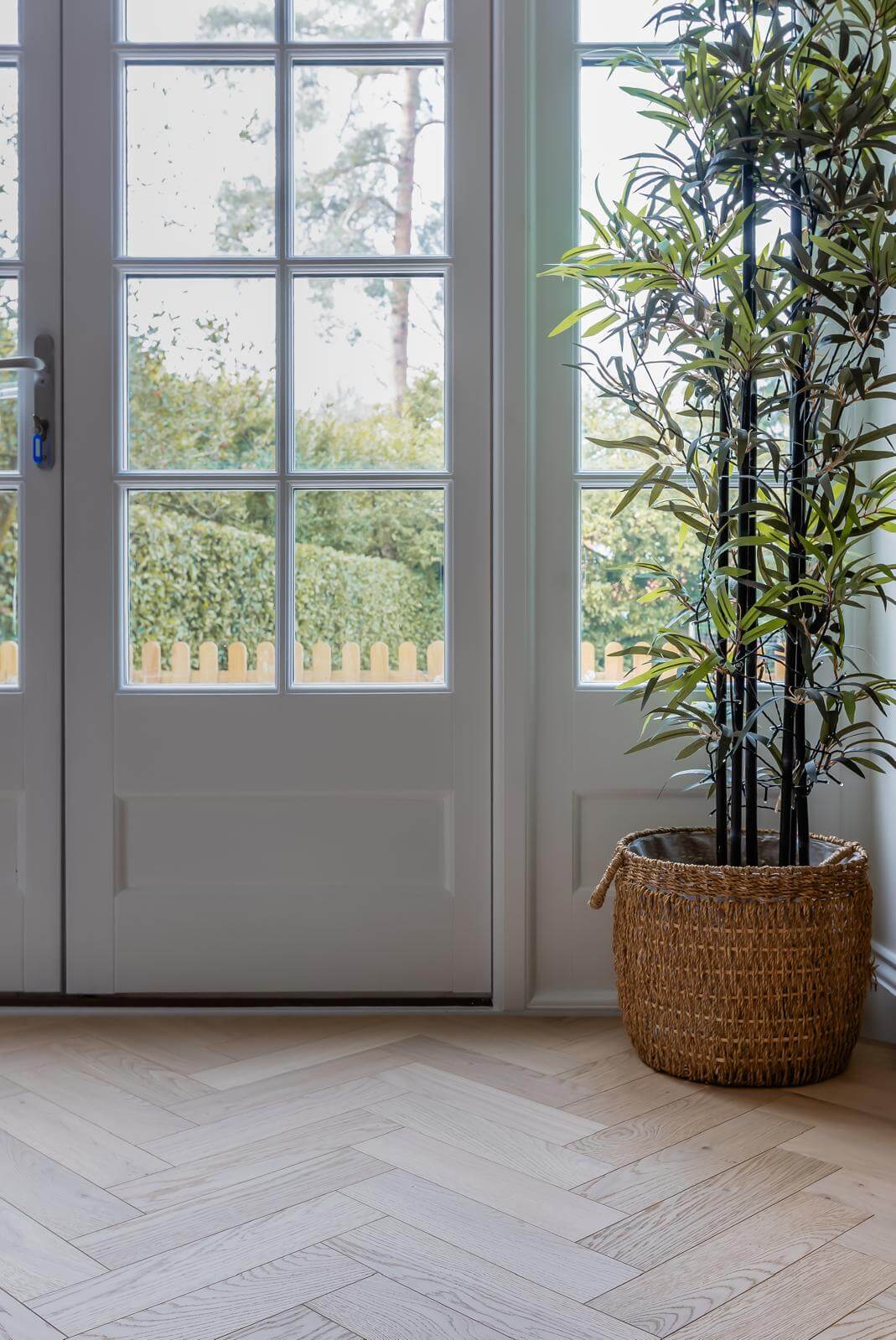 A tall potted plant in a round woven wicker basket, placed on a light wood herringbone floor next to white French doors.
